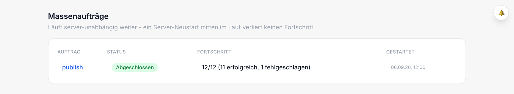Zappora-Massenaufträge: abgeschlossener Sammel-Upload mit Fortschritt und Fehlerzahl
