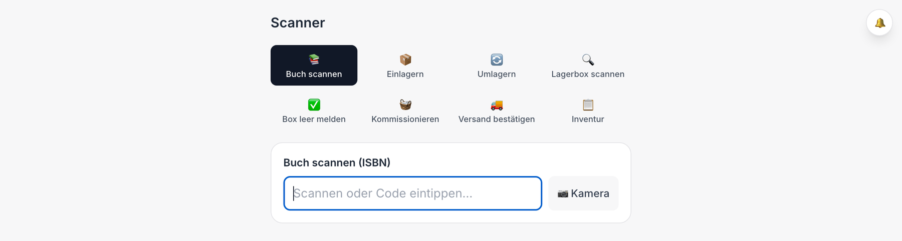 Zappora-Scanner mit den Betriebsarten Buch scannen, Einlagern, Umlagern und Logistik scannen